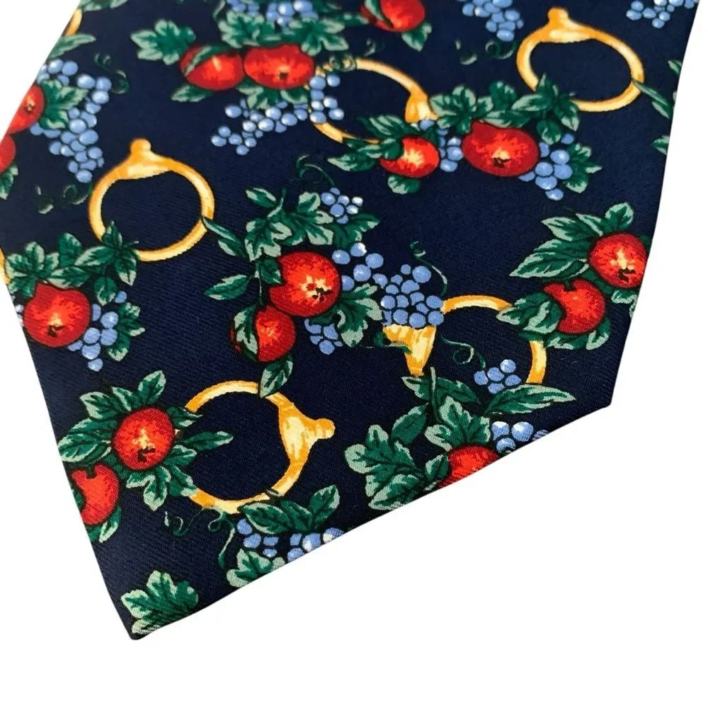 Lancel Paris Silk Floral Fruit Horsebit Stirrup Print Mens Neck Tie Navy Red New